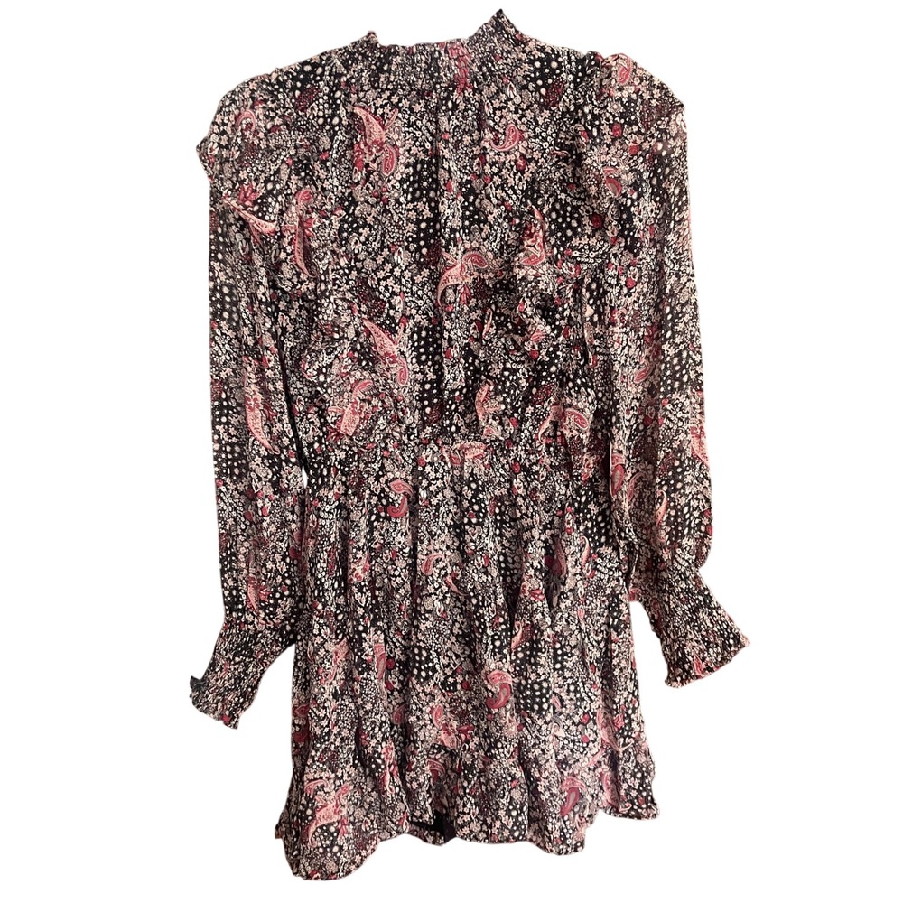 NWT‎ Fate Womens Paisley Floral Ruffle Mini Dress Smocked Mock Neck Black Small